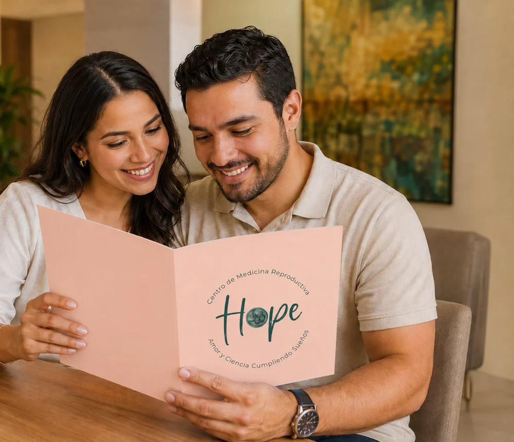 Pareja sonriente leyendo juntos la carpeta de bienvenida de Centro de Medicina Reproductiva HOPE